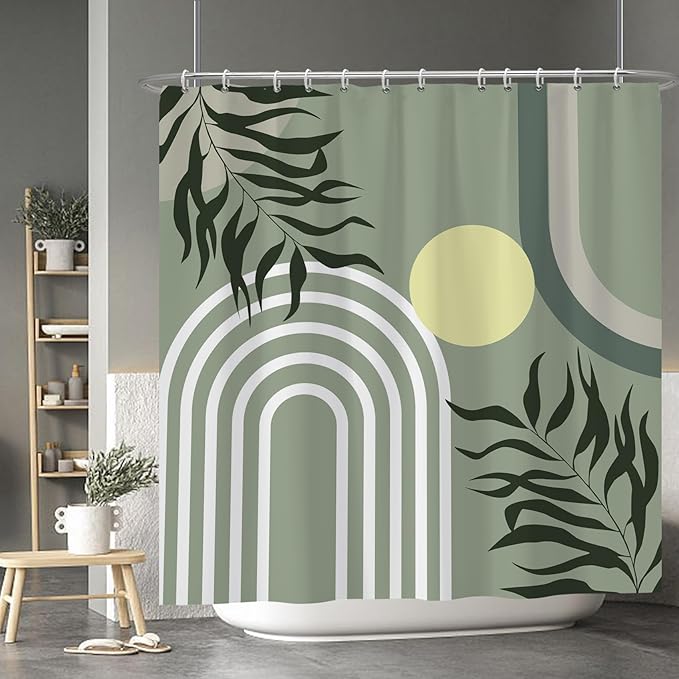 Baocicco Green Minimalism Boho Shower Curtain Mid Century Abstract Sun Shower Curtain for Bathroom Modern Hostel Hotel Durable Polyester Waterproof Curtain for Bathroom with Hooks 72x72 Inches