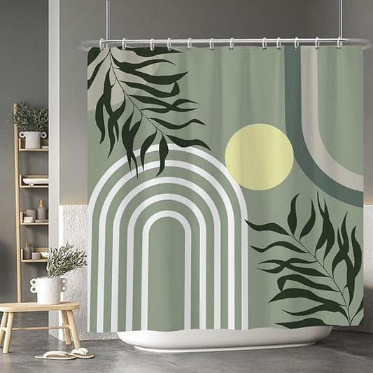 Baocicco Green Minimalism Boho Shower Curtain Mid Century Abstract Sun Shower Curtain for Bathroom Modern Hostel Hotel Durable Polyester Waterproof Curtain for Bathroom with Hooks 72x72 Inches