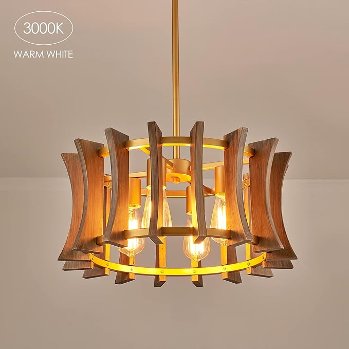 Industrial Wood Chandelier, with Antique Brass Brush Paint Finish Shade Pendant Lighting Fixture for Dining Room Kitchen Island Living Room Bedroom 4-Light