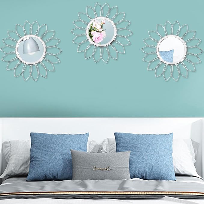 3 Pack Metal Mirrors for Wall Sunburst Wall Mirrors Home Décor Decorative Hanging Wall Art for Living Room Bedroom Entryway (Silver, Flowers)