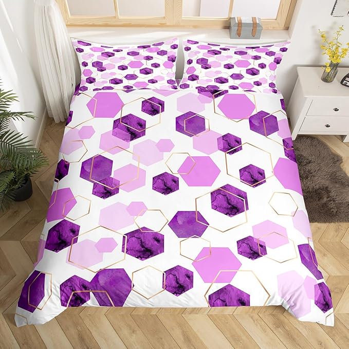 Erosebridal Purple Duvet Cover Full Size for Boys Girls Geometric Hexagon Bedding Sets Modern Abstract Art Decor Bed Set Lavender Marbling Striped Bed Cover with 2 Pillow Cases