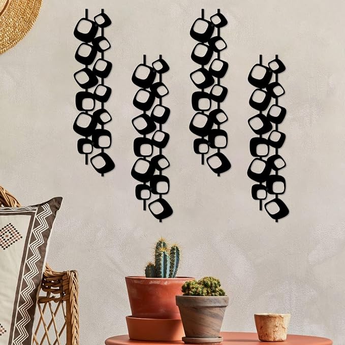 ruelen Mid Century Abstract Metal Wall Art Sculpture - Textured Geometric Decor, Set of 4, 2D Black Vertical and Elegant Design for Living Room, Bedroom, Office, Home (15.7x3.9in)