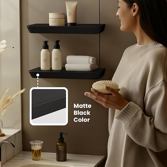 Black Floating Shelves for Wall 16 inch(Set of 2) -Premium Small Wooden Shelf - Natural Wood Floating Shelves for Bathroom & Kitchen -Solid Wood Shelving Wall Mounted -8inch deep Hanging Shelf