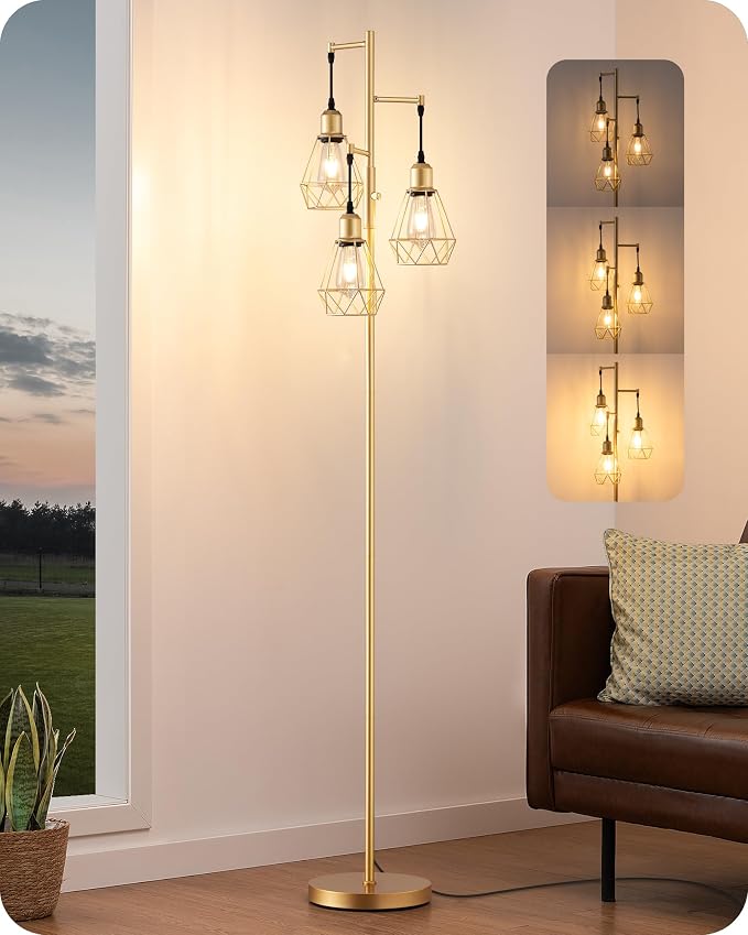 EDISHINE 70'' Dimmable Industrial Floor Lamp, Farmhouse Standing Lamps Diamond-Shaped Lampshade, 3 LED Edison Bulbs Included, Modern Rustic Floor Lamps for Living Room, Bedroom, Office, Gold