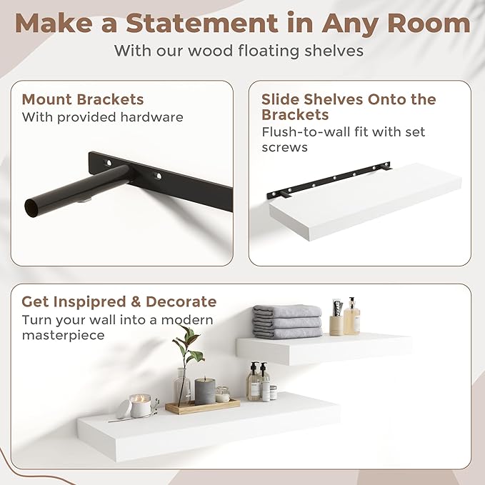 Marsmiles 12" Deep Floating Shelves for Wall with Invisible Brackets, Wall Mounted Engineered Wood Shelves with Wood Grain for Living Room, Bedroom, Kitchen Decor and Storage, 36" L Set of 1, White