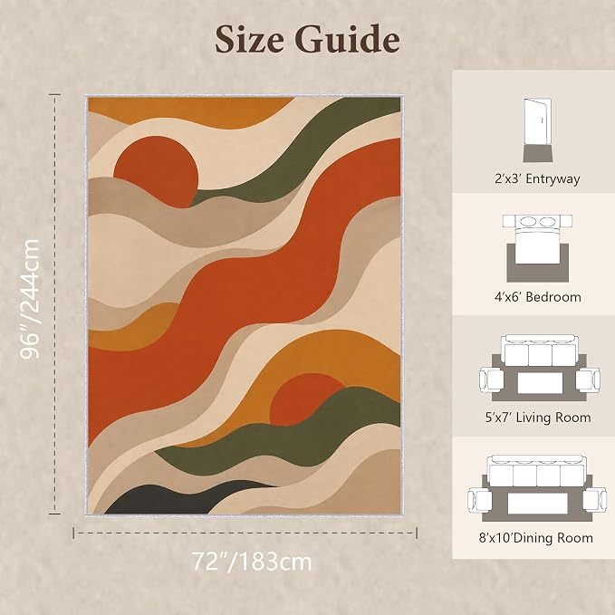 Burnt Orange Abstract Area Rug 6x8, Mid Century Modern Wave Rug, Retro Wavy Geometric Washable Low Pile Non Slip Rug for Living Room Bedroom