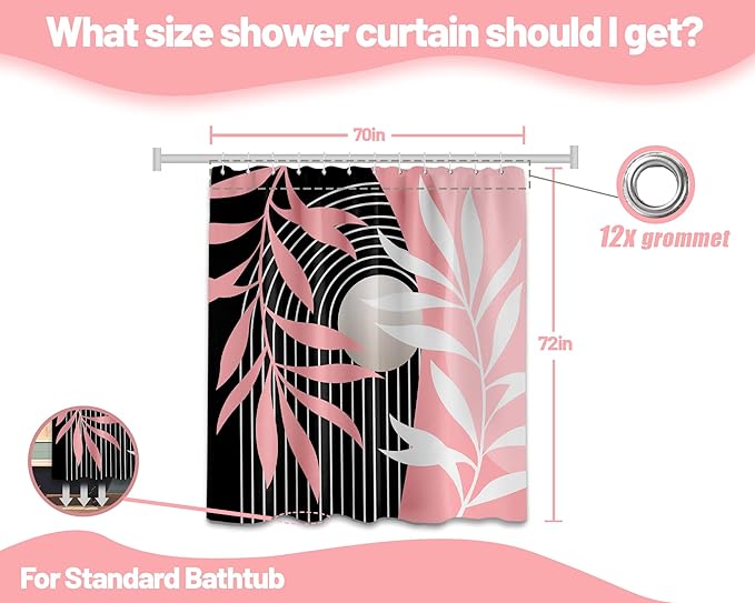 Pink Shower Curtain Boho Mid Century Pink and Black Shower Curtains for Bathroom Decor, Waterproof Cloth Fabric with Hooks, 70" W x 72" L