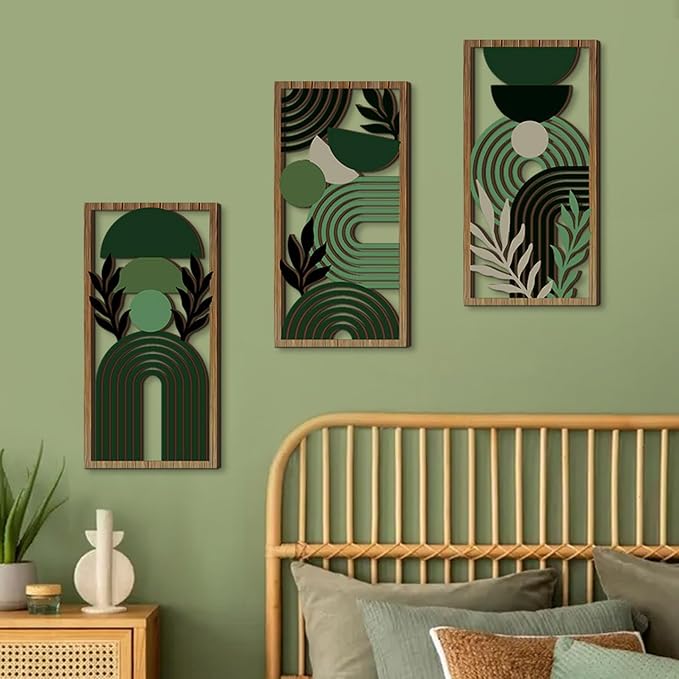 LB Modern Geometric Wall Art Set of 3, Boho Abstract Mid Century Wall Decor Wooden Framed, Green Striped Black Leaf Hanging Decoration for Living Room Bedroom Home Office, 15.8 x 8 inches