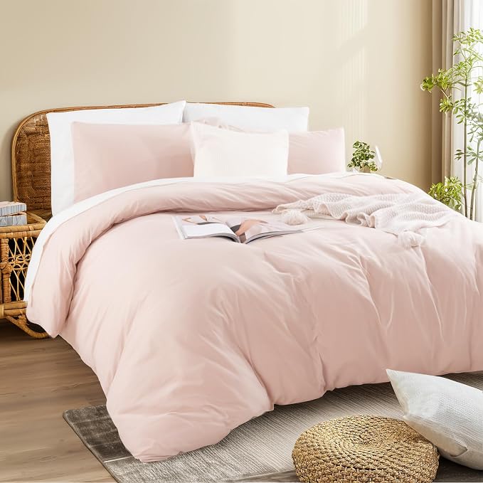 NEXHOME PRO Duvet Cover Set King Size Linen Look Textured Organic Natural 100% Washed Cotton Duvet Cover Greyish Light Pink 3 Pieces Bedding Set with Zipper Closure, Breathable (No Comforter)