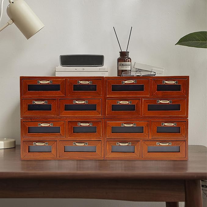 Vintage Wooden Drawers Organizer, 16-Drawer Desktop Storage Box With Drawers, Iron Label Holders, Apothecary Cabinet For Countertop Tea Coffee Pod Storage(16-Drawer/Brown2)