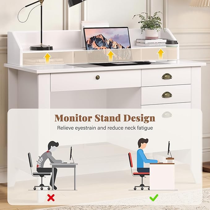 4 EVER WINNER White Desk with Drawers, 47'' Small Desk with File Drawer for Small Spaces, Wood Computer Desk with Monitor Stand for Home Office, Bedroom, White