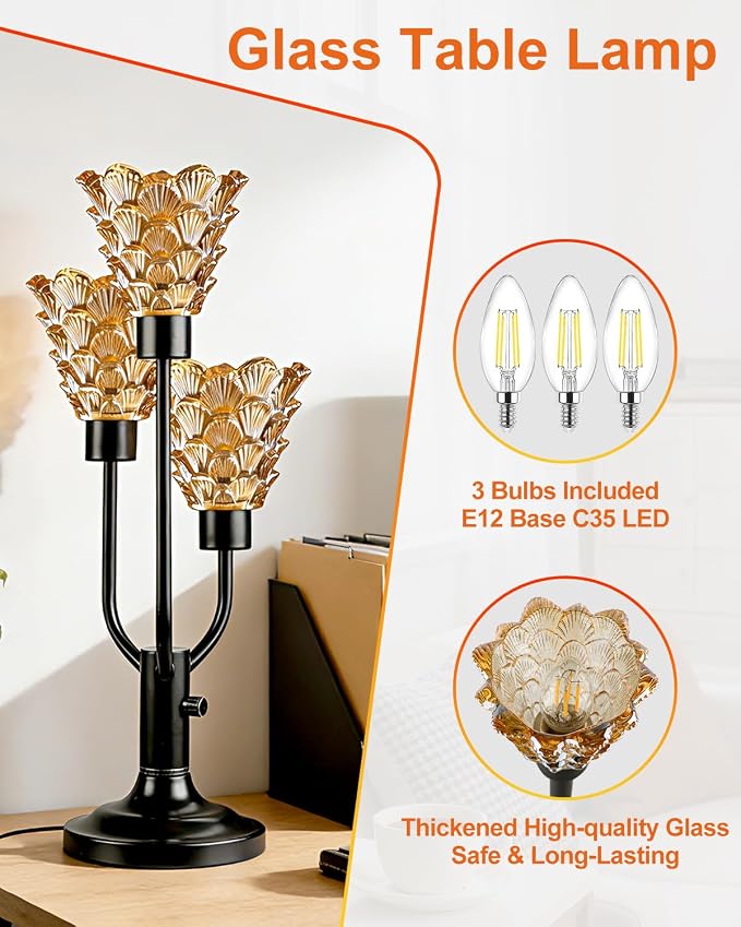 Lightdot Vintage Mid Century Modern Table Lamp for Living Room Dimmable Nightstand Lamp Black Desk Lamp Amber Glass 3 Bulbs Included Warmwhite Ambient Bedside Lamps for Bedroom Home Office Decor Gift