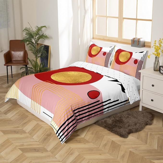 Erosebridal Pink Abstract Boho Duvet Cover Full Size Mid Century Modern Comforter Cover Minimalist Aesthetic Neutral Bedding Set Botanical Leaves Simple Bed Set
