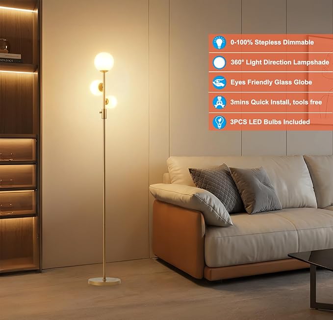 Fiqevs Upgrade Dimmable Floor Lamp, 3 Globe Mid Century Gold Modern Floor Lamps for Living Room with Orb Frosted Glass Shade and 3 LED Bulbs, Standing Tall Lamp for Bedrooms, Office - Antique Brass