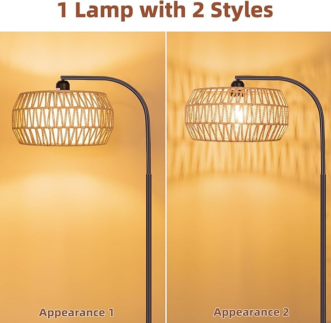 Rattan Standing Lamp with Remote and Dimmable Bulb, Bronze Arch Floor Lamp, Over Couch Lamp with Foot Switch, Brown Boho Lamp for Living Room, Bedroom, Office, Classroom