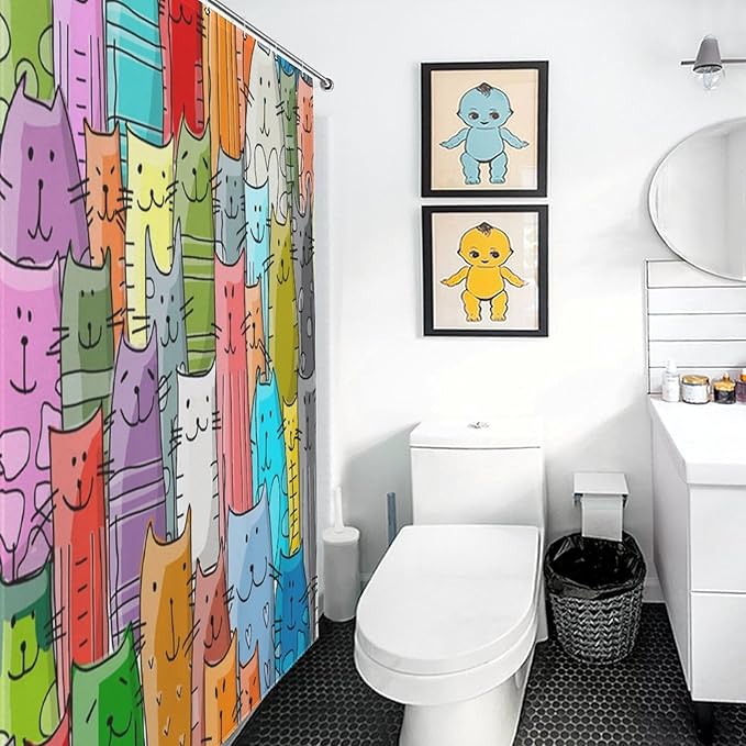 Cat Shower Curtain,Cartoon Cute Cat Pets Colorful Funny Animals Bathroom Curtain Polyester Waterproof Fabric Decor 72x72in（183x183cm）