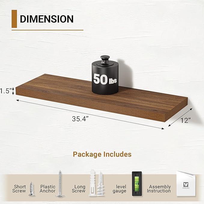 Vivelove Rustic Floating Shelves for Wall 12 Inch Deep, 35.4" X 12" X 1.5" Floating Shelf, 2 Inch Thick Shelf for Living Room Bathroom Bedroom Kitchen Office, Rustic Farmhouse Decor Set of 2, Walnut