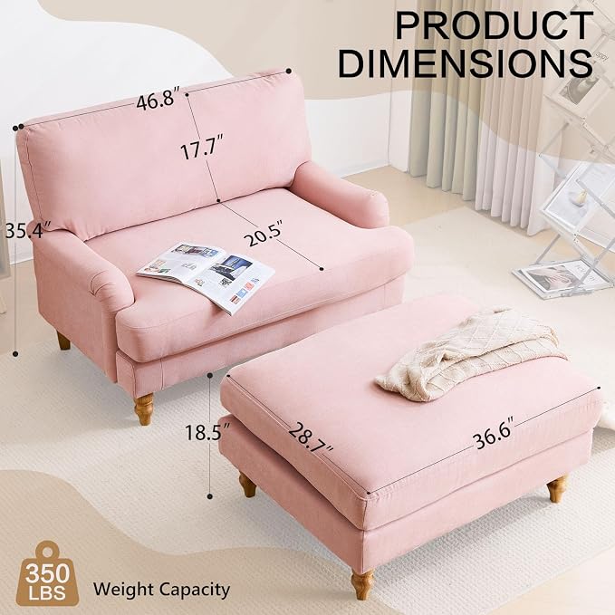 Bezseller Oversized Chair Indoor with Ottoman, 46" W Upholstered Armrest Sofa, Big Comfy Lounge Sofa Deep Seat Sleeper Chair for Living Room, Apartment, Bedroom, Reading Room(Pink)