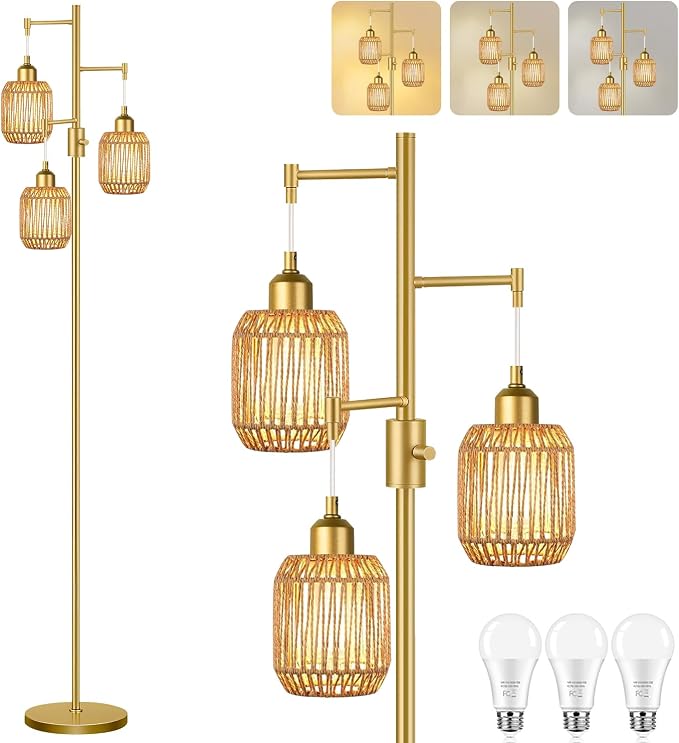 ZECOXOL Boho Floor Lamp for Living Room Bedroom-3 Light Dimmable Floor Lamp with Three Led Bulb & 3 Color Temperatures, Rustic Tall Lamp Gold Standing Lamp Tree Floor Lamps for Living Room
