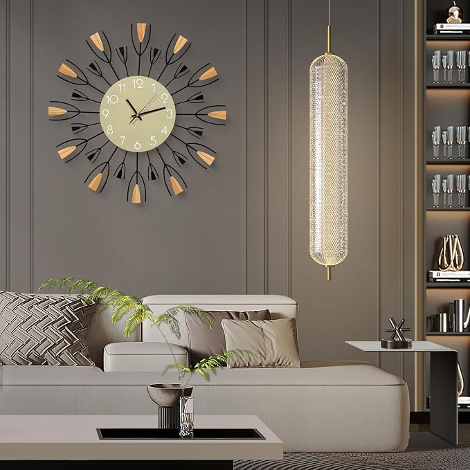 24 Inch Large Modern Wall Clock – Mid Century Sunburst Decorative Silent Non-Ticking Battery Operated Metal Analog Clocks for Living Room, Entryway, Bedroom, Office