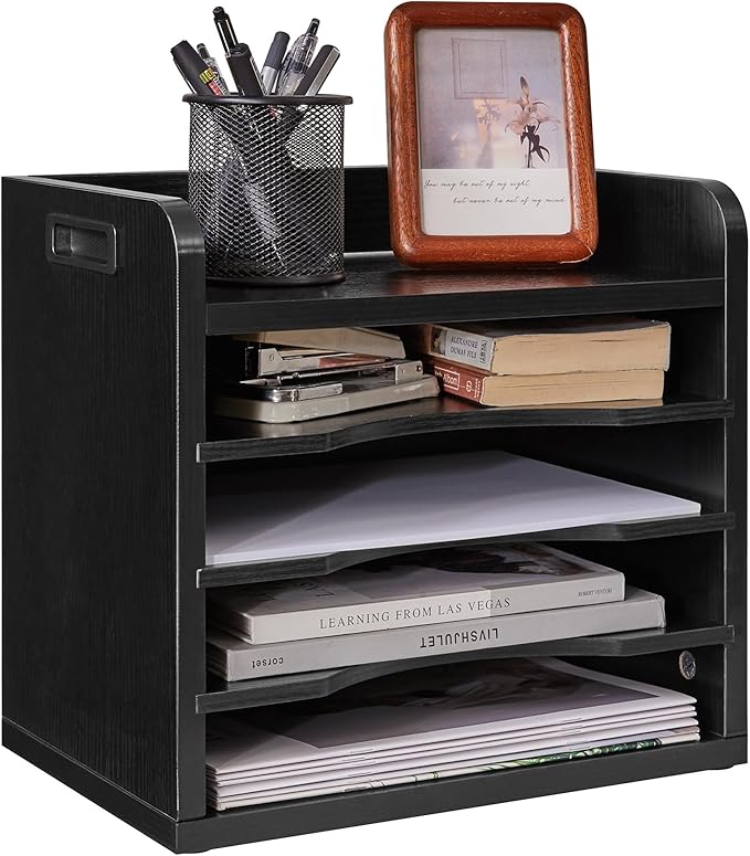 YMYNY Desktop File Organizer with Handle, Document Letter Mail Tray Sorter with 3 Adjustable Shelves, 5 Tiers Paper Holder for School Home Office Desk,Black,13.4 * 12.4 * 9.06" UHBC006B