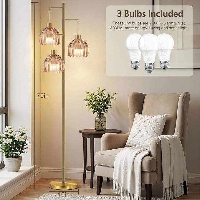 Floor Lamp for Living Room, 3 Light Standing Lamp Mid Century Modern Gold Tree Tall Floor Lamps Vintage Retro Floor Lights Glass Flower Lamp Shade Farmhouse Boho Bohemian