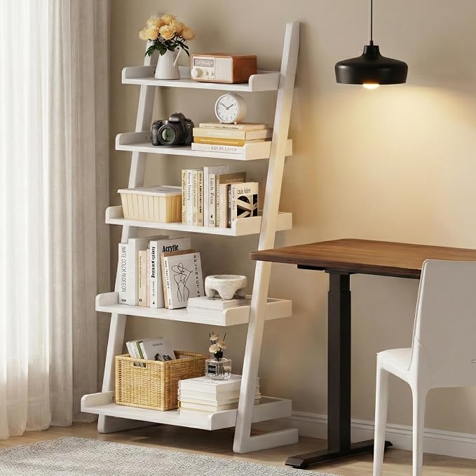 5-Tier Wooden White Ladder Shelf - Solid Wood Leaning Ladder Bookshelf Shelves Bookcase for Saving Space, 55" H Book Shelf for Living Room & Bedroom & Home Office