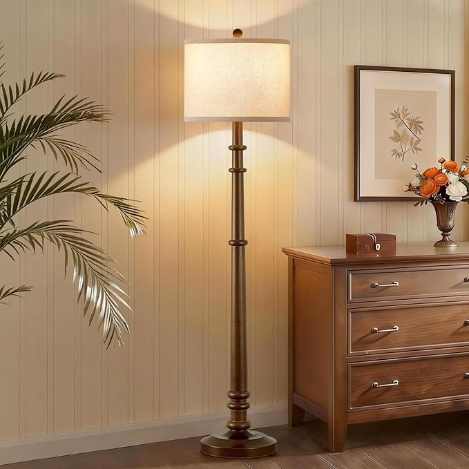 Floor Lamps for Living Room - 60" Wood Farmhouse Floor Lamp with Adjustable Color Temperatures - Vintage Standing Lamp Reading Light with Linen Shade Rustic Tall Lamp for Bedroom Office, Walnut