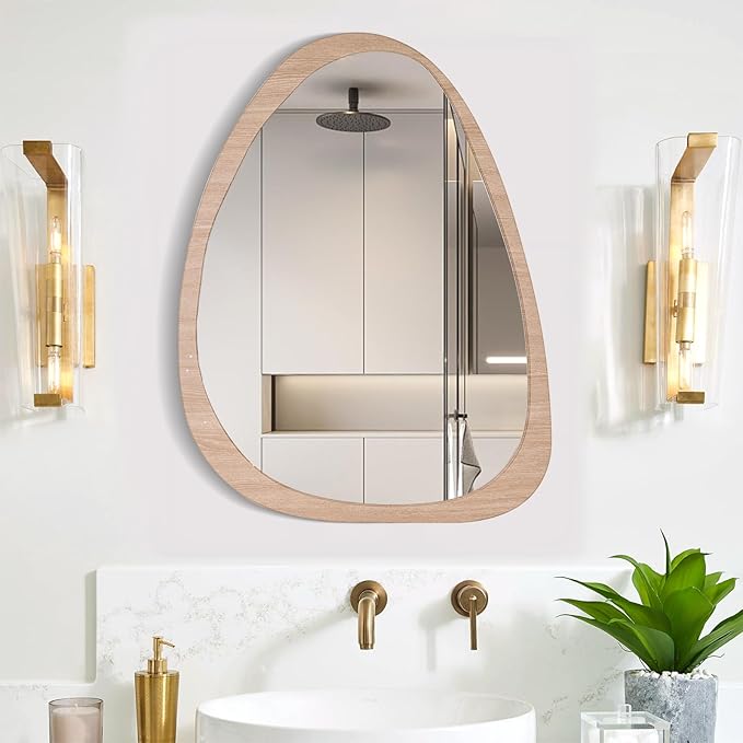 Asymmetrical Wood Frame Wall Mirror, Irregular Organic Decorative Wall-Mounted Mirror for Living Room, Bedroom & Entryway, Modern Mid-Century Boho Accent Mirror 24" x 35"