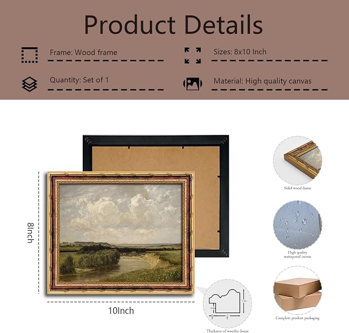 dzbLuck Vintage River Landscape Wall Art with Gold Antique Frame, Classic Farmhouse Painting Print, Rustic Country River Scene Picture Wall Decor 8×10 Inch