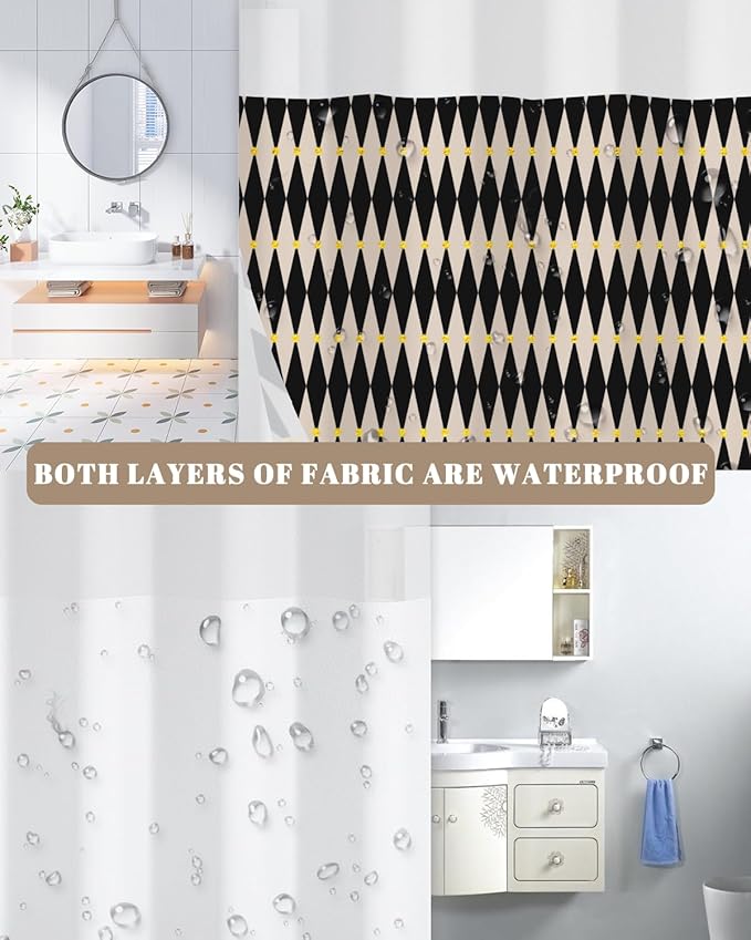 No Hook Shower Curtain with Snap in Liner, Black and Beige Diamond Geometric Double Layer Waterproof Bath Curtain for Modern Mid Century Bathroom Decor, See Through Top, 71x74 Inch