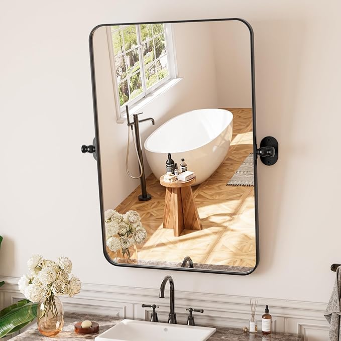 Pivot Mirror 20x30 Adjustable Tilting Rectangle, Matte Black Metal Frame Bathroom Vanity Mirror, Horizontal/Vertical Mount, HD Shatterproof Glass for Farmhouse/Modern Bathroom Over Sink