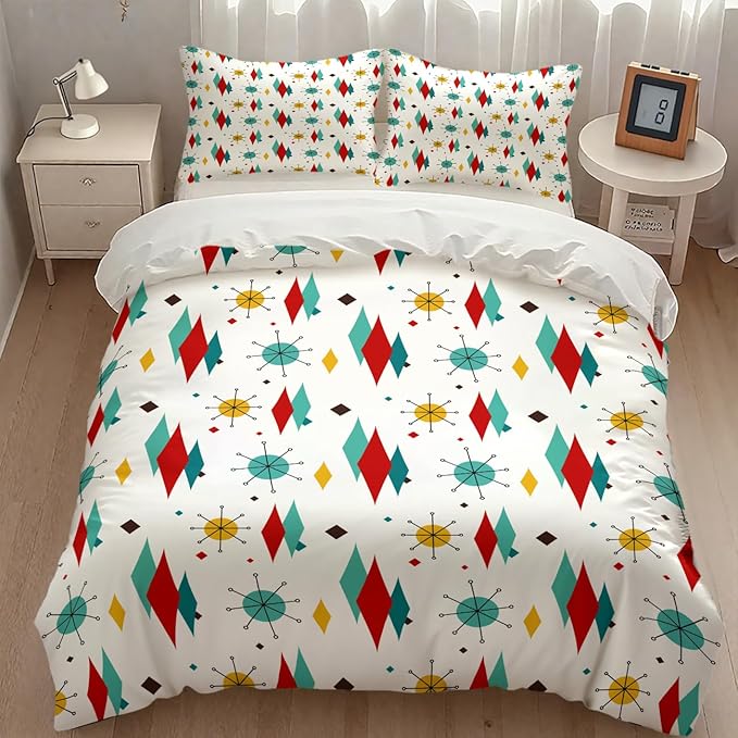 Mid Century Bedding Set,1950s 1960s Vintage Modern Geometric Abstract Atomic Stars Geometric Diamond Pattern Comforter Set with Pillowcase for Bedroom Bed Decor,Queen 90"x90"