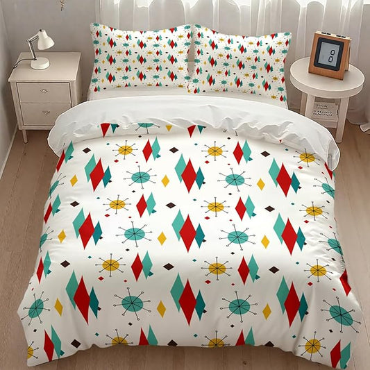 Mid Century Bedding Set,1950s 1960s Vintage Modern Geometric Abstract Atomic Stars Geometric Diamond Pattern Comforter Set with Pillowcase for Bedroom Bed Decor，Twin 86"x70"