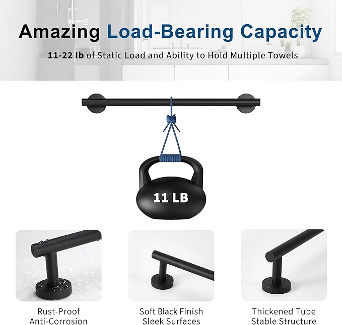 Matte Black Towel Bar, 24 Inch Towel Racks for Bathroom Wall Mounted, Thicken SUS304 Stainless Steel Heavy Duty Hand Towel Holder Organizer, Bathroom Accessories, Total Length 26.5 Inch