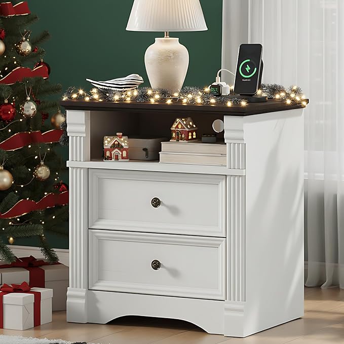 White Nightstand with Charging Station, Farmhouse Bedside Table & End Table with 2 Drawers and Chic Wood Pilasters Design, Side Table Storage Cabinet with Metal Handles for Bedroom, Living Room