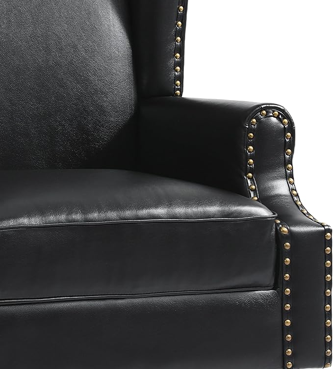 Pia Ricco Set of 2 Faux Leather Accent Chairs, High Back Wingback Armchairs with Retro Floral Design, Nailhead Trim & Solid Wood Legs for Living Room Bedroom (Black)
