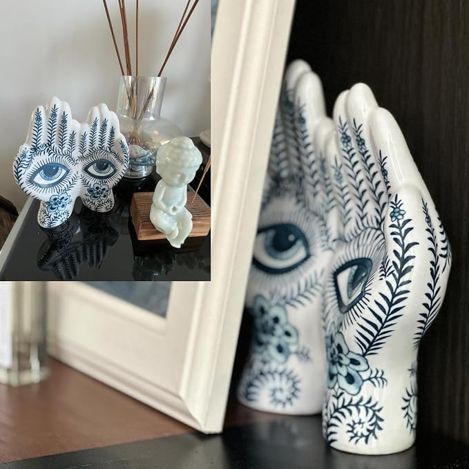Blue Eye Hand Ceramic Sculpture, Modern Abstract Art Decor Figurine, Hand Shaped Blue Floral Ornament for Living Room, Bookshelf, Office, Home Decor,Decoration Gift