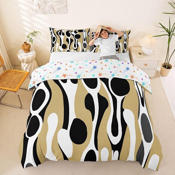 Erosebridal Organic Geometric Duvet Cover Set Modern Abstract Queen Bedding Set for Teen Boys Retro Mid Century Comforter Cover Modern Fluid Art Irregular Circles Bed Sets,Beige Black