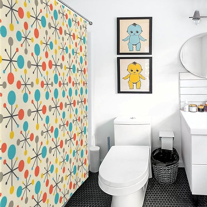 Mid Century Modern Shower Curtain,Atomic Retro Colourful Geometric Polka Dots Stripe Vintage 1950s Bathroom Curtain Polyester Waterproof Fabric Decor 72x72in（183x183cm）