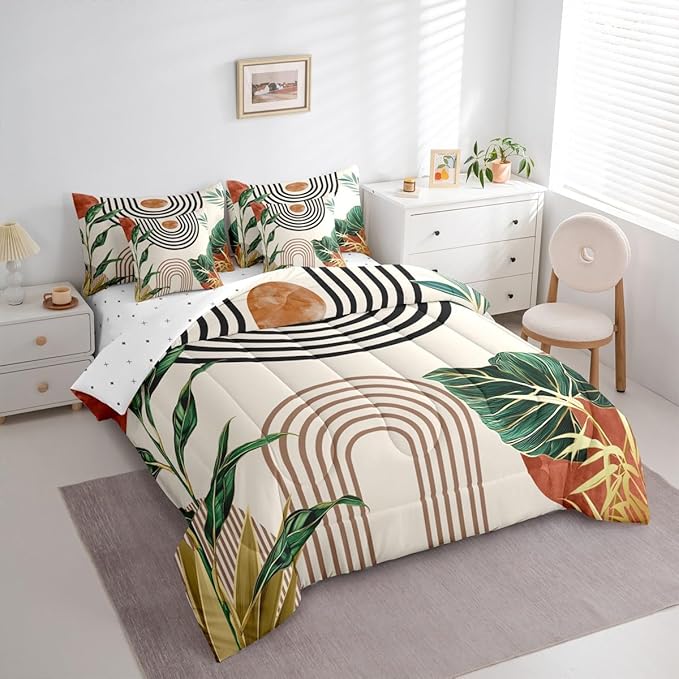 Erosebridal Modern Mid Century Bedding Set Queen Abstract Bohemian Comforter Set 7 Piece Modern Boho Brick Red Aesthetic Bed in A Bag for Adults Nature Stripes Palm Leaf Quilt with Flat Fitted Sheet