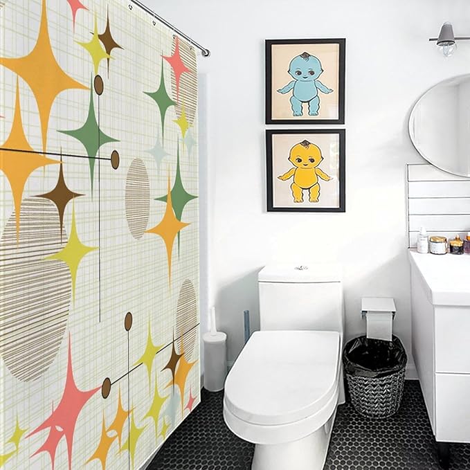Mid Century Modern Shower Curtain for Bathroom, Rustic Pink Orange Stars Abstract Geometric Atomic Vintage 1950s 1960s Waterproof Fabric Shower Curtain Set with Hooks, 72"x72"
