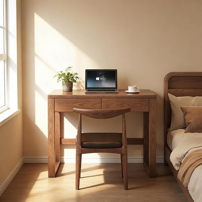 2-Drawer Writing Desk, Mid Century Modern Desk with Cable Management Box, Small Wooden Vintage Computer Desk, Study Table for Home Office(100x55x75cm, Brown)