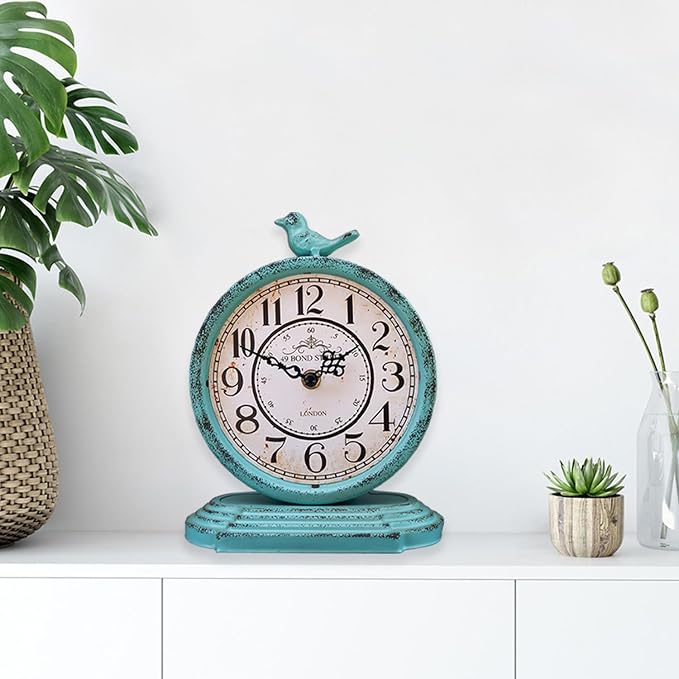 HZDHCLH Vintage Table Clock with Bird,Retro Mantel Clock Battery Operated,Metal Clock for Living Room Shelf Desk Table Fireplace Decor (Green)