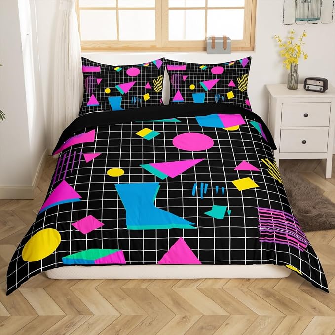 80s 90s Bedding Set Memphis Pattern Old Fashioned Comforter Cover King,Geometric Abstract Colorful Dots Funky Duvet Cover Retro Bed Set,Multicolor Cute Vintage Rainbow 80'S Style 1980S Home Decor