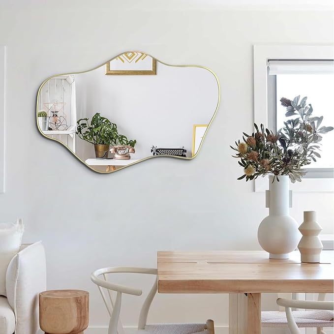Gold Irregular Mirror, 21"x14" Asymmetrical Wall Mirrors, Modern Frameless Mirror for Wall, Unique Shaped Mirrors for Living Room Bedroom Bathroom Hallway Entryway Fireplace