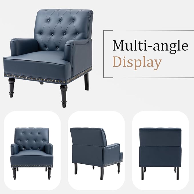 MOJAY Faux Leather Accent Chair Set of 2, Mid-Century Modern Living Room Chair Lounge Study Sofa Chair with Sturdy Wood Legs, Club Chair Armchair for Bedroom Home Study Reception (DarkBlue)