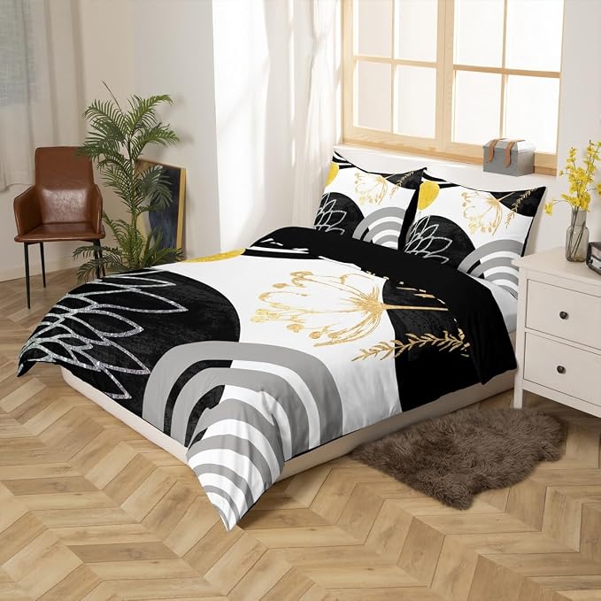 Erosebridal Mid Century Modern Queen Comforter Cover for Kids Teens Adults - Black and White Abstract Duvet Cover Boho Minimalist Aesthetic Bed Set Chic Modern Geometric Bohemian Floral Bedding Set