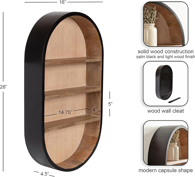 Kate and Laurel Hutton Modern Capsule Wall Shelf, 16 x 28, Light Natural and Black, Minimal Round Oval Wall Shelves for Above Toilet Bathroom Storage or Cute Nursery Shelving
