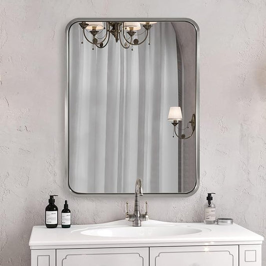 ANDY STAR 24x32 INCH Brushed Nickel Mirror, Rounded Rectangle Silver Metal Framed Mirrors for Bathroom Anti-Rust SUS304, Tube Metal Frame, 1’’ Deep Wall Mounted Vertically/Horizontal